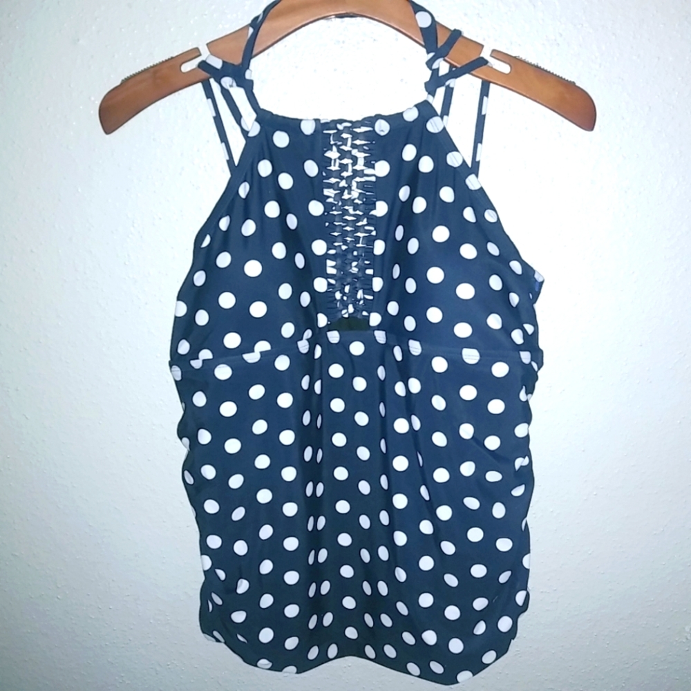 Cover Girl 16 Strappy Halter Navy Polka Dot Swim Top Plus